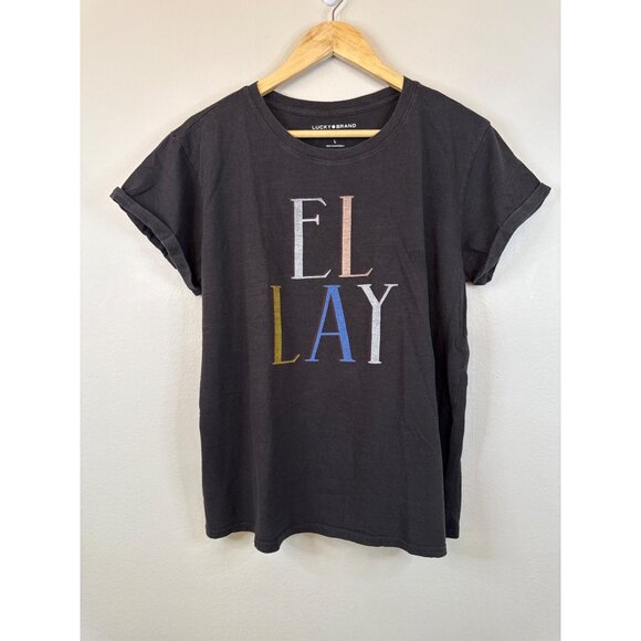 Lucky Brand Womens Graphic Tee "El Lay" Print Black Cotton Blend Size L - Picture 1 of 13
